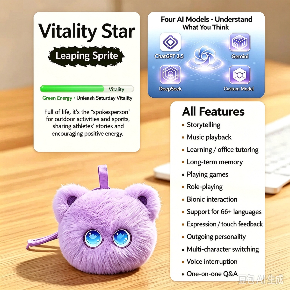 Portable AI Interactive Purple Fluffy Plush Companion Toy, 66+ Languages Touch Reaction Smart Talking Plush Keychain