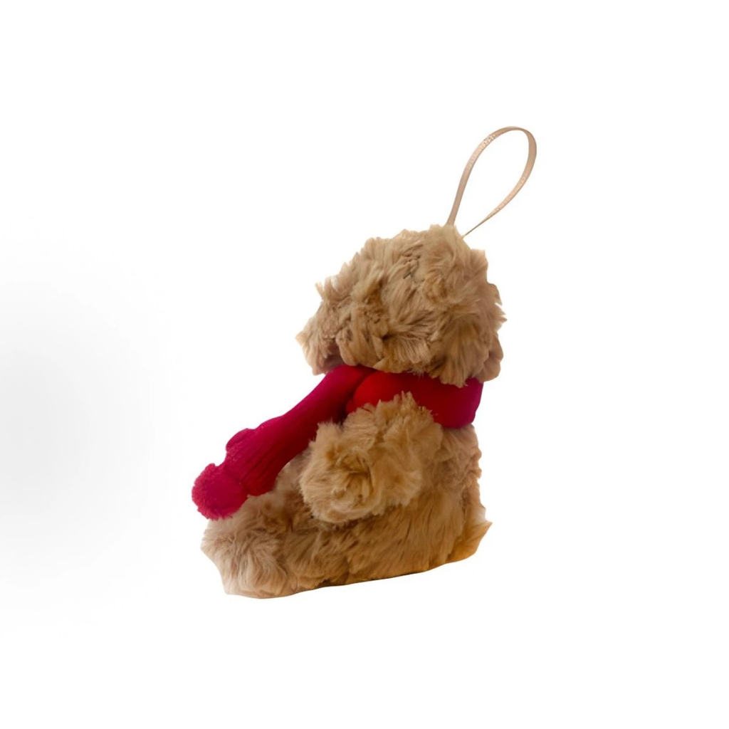 Christmas Teddy Bear Ornament Plush Toy, Small Brown Fluffy Bear Stuffed Doll with Red Scarf, Hanging Decoration Gift for Xmas Tree